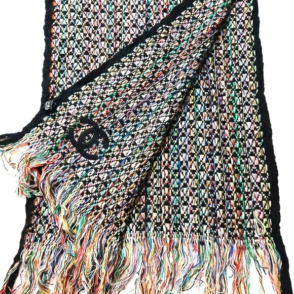 CHANEL Vintage Luxury Black Multi-Color Woven Fringed Cashmere Shawl Wrap Scarf - Picture 7 of 16